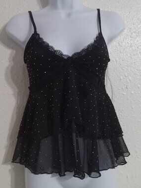 POPULAR 21 - Black Sleeveless Lace Trim Tank Top with Sparkle